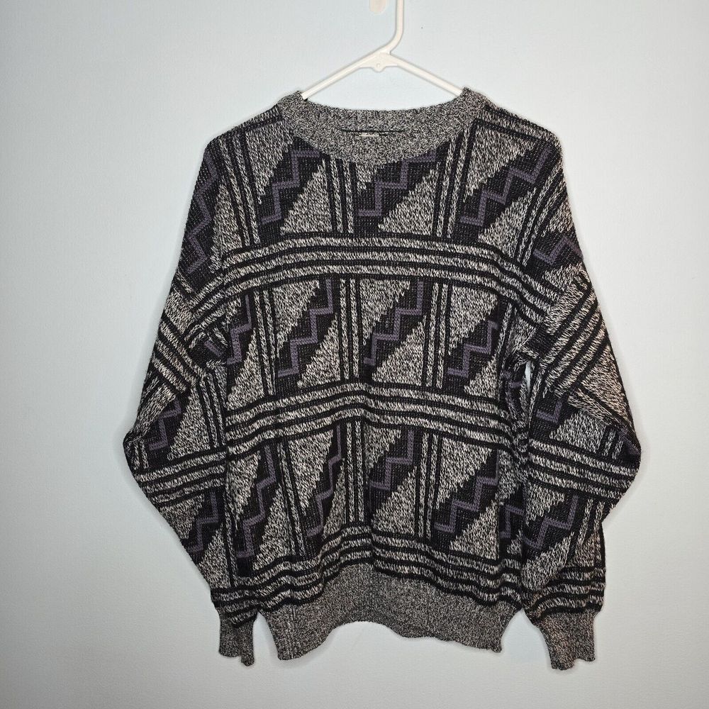 Vintage Colore Wool Grandpa Sweater Geometric Chunky Knit Grey Mens S‎